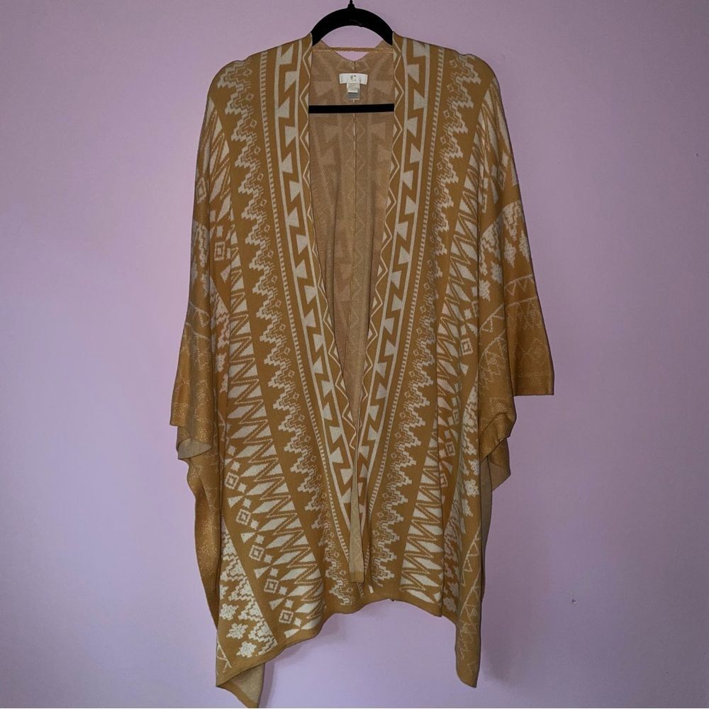 Charming Charlie Knit Ruana Boho Aztec Print Open Front Cardigan Shawl